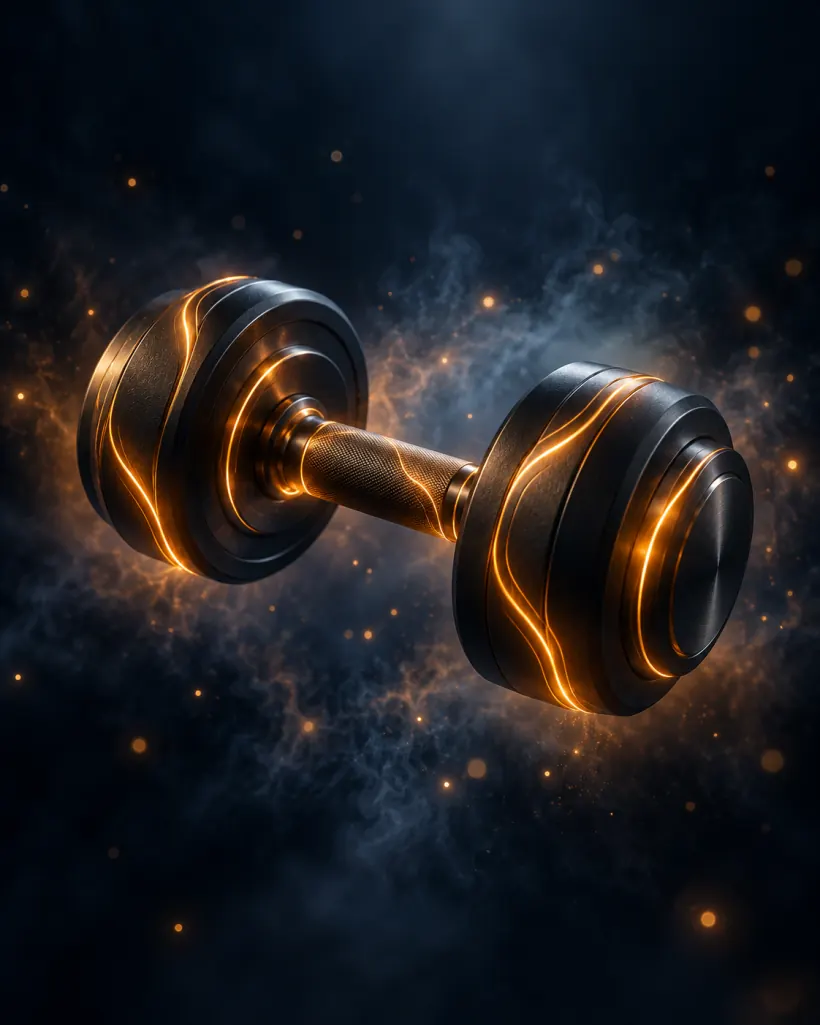 Dumbbell traced with glowing amber lines