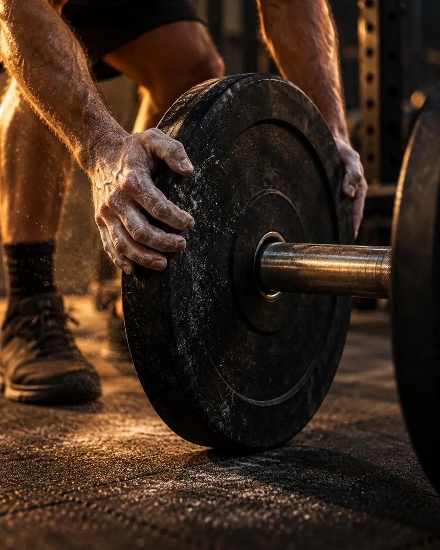 Chalked hands loading a weight plate onto a barbell